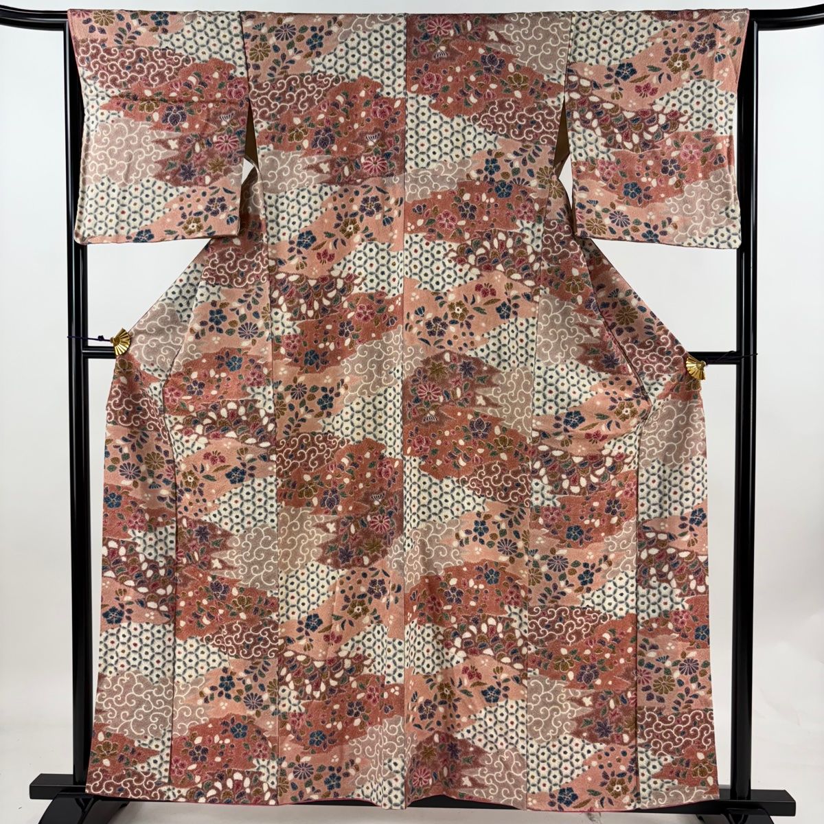 小紋 身丈158cm 裄丈64cm M 袷 草花 唐草 ピンク 正絹 優品 【中古