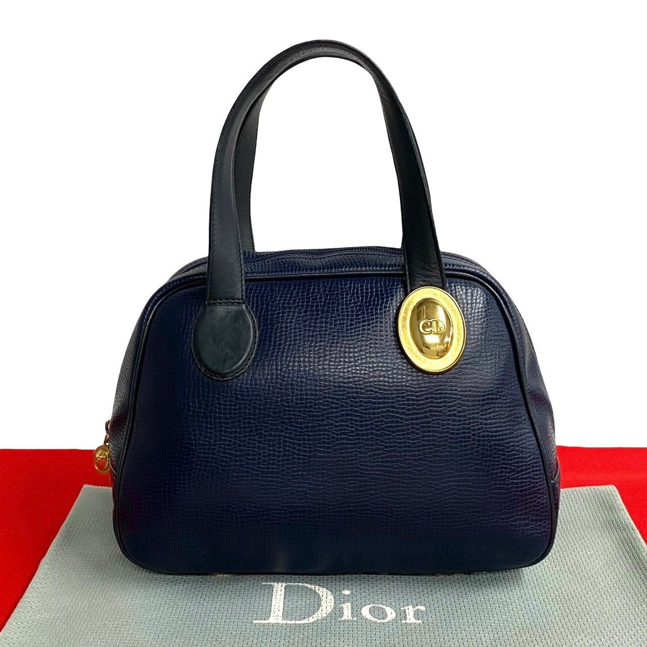 ほぼ未使用 Christian Dior クリスチャン ディオール CD ロゴ 金具 レザー 本革 ハンドバッグ ミニ ボストンバッグ ネイビー  94430 - メルカリ