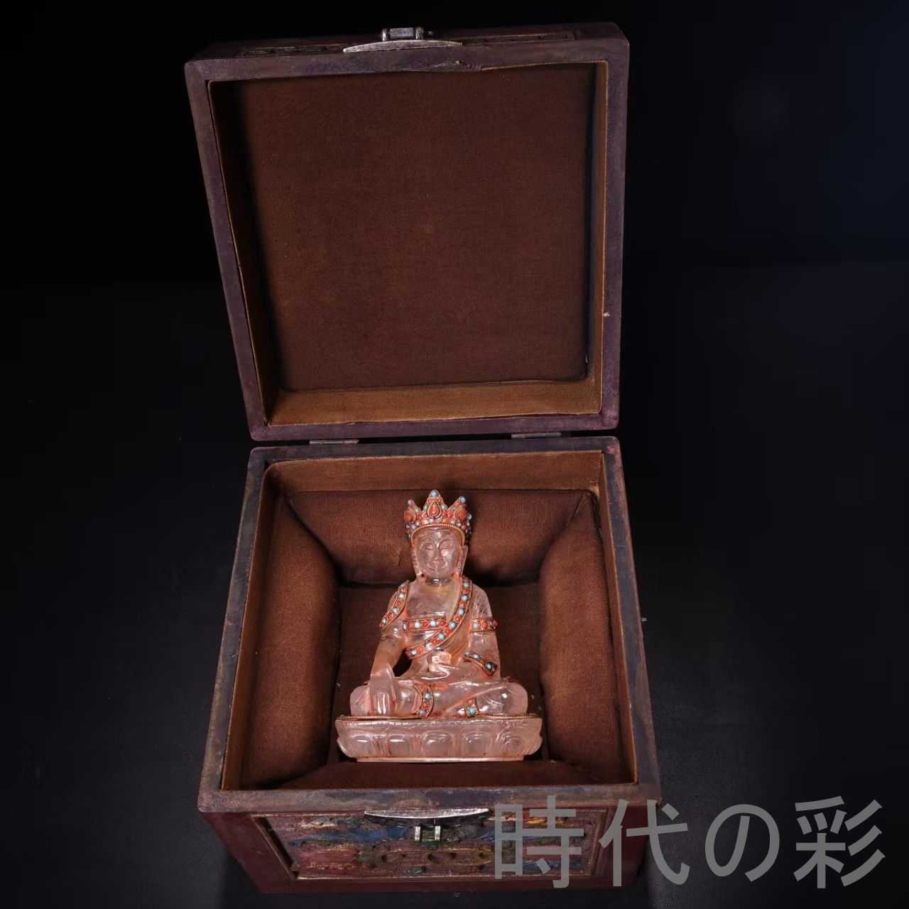 中国古美術 珍蔵 西蔵寺院結縁 清代 天然老水晶 花絲 措金 宝石嵌 仏像 彩絵盒付 仏教美術 唐物 骨董品 細工 古賞物 置物 時代物 収集 古美味 旧家蔵出 R07100304