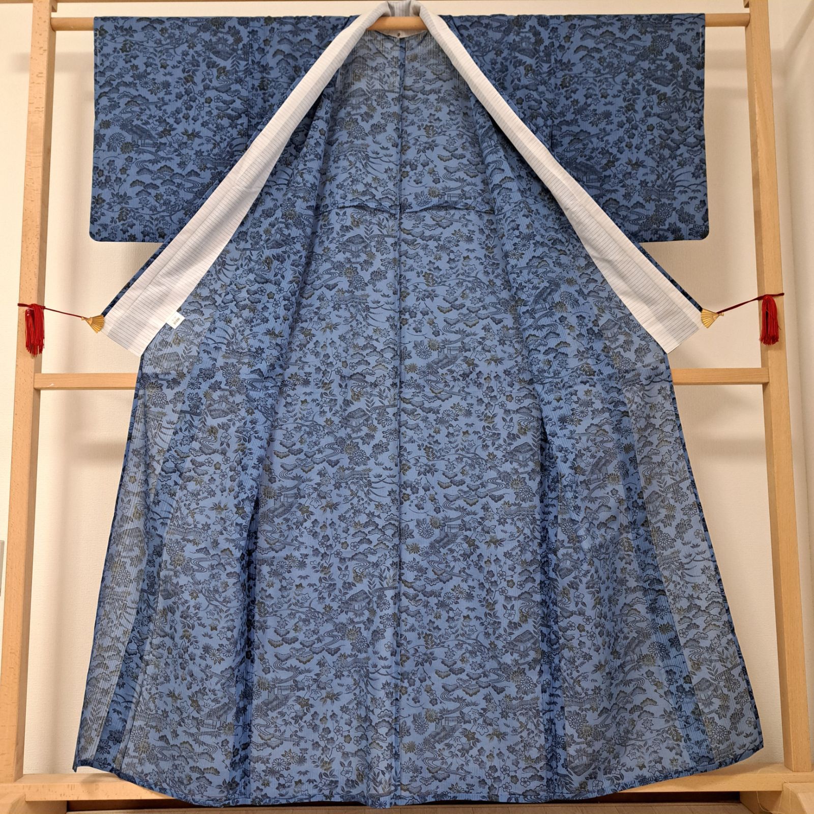 洗える着物 夏着物 絽 小紋 茶屋辻 正絹 夏 絽 小紋【本手染小紋 茶屋辻/生成り地に灰藍色 11029
