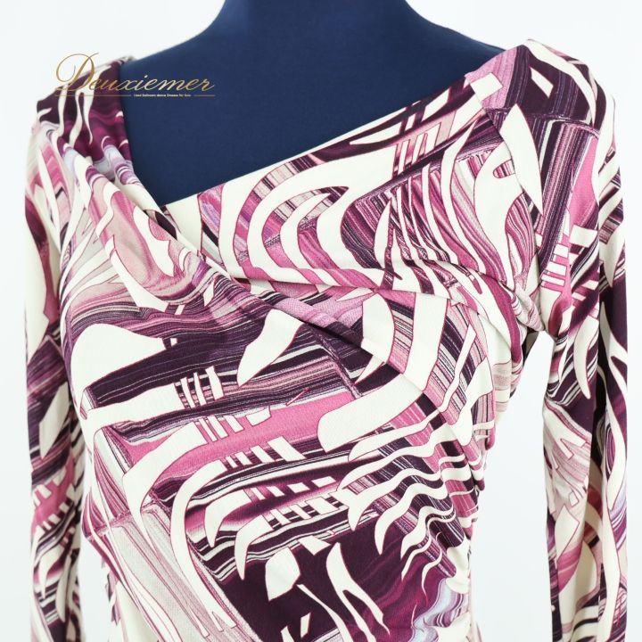 社交ダンス 衣装 トップス ホワイト系 Chacott ROYAL DANCE 白 紫 華やか ストレッチ 伸縮 七分袖 総柄 鮮やか チャコットロイヤルダンス 柔らかい レッスン パープル系