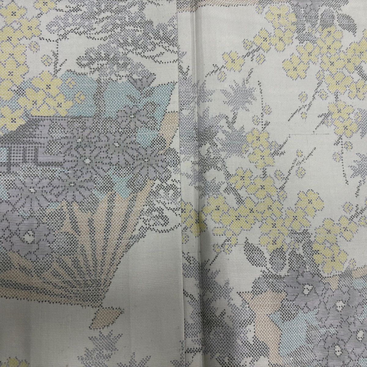 大島紬 身丈155cm 裄丈63cm S 袷 証紙 扇 草花 青灰色 正絹 美品 名品  