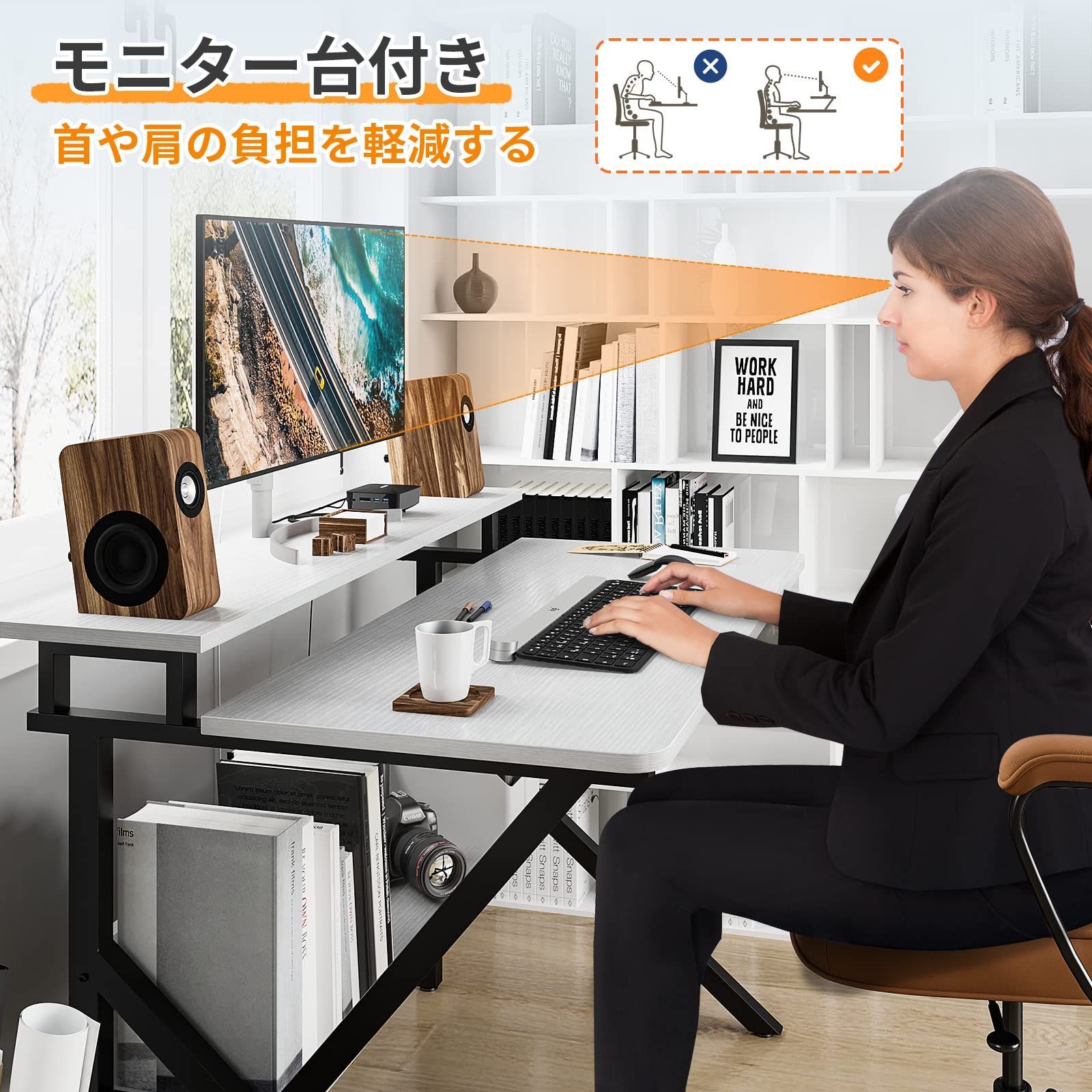 computer desk 小さい 勉強机 棚付き ゲーミングデスク テレワークデスク 幅70cm×奥行60cm 省スペース モニター台付き 一人暮らし コンパクト パソコンデスク 組立簡単 pcデスク モニターアーム対応 机 ホワイト KKL MARWIL-DEMENAGEMENTS_CH