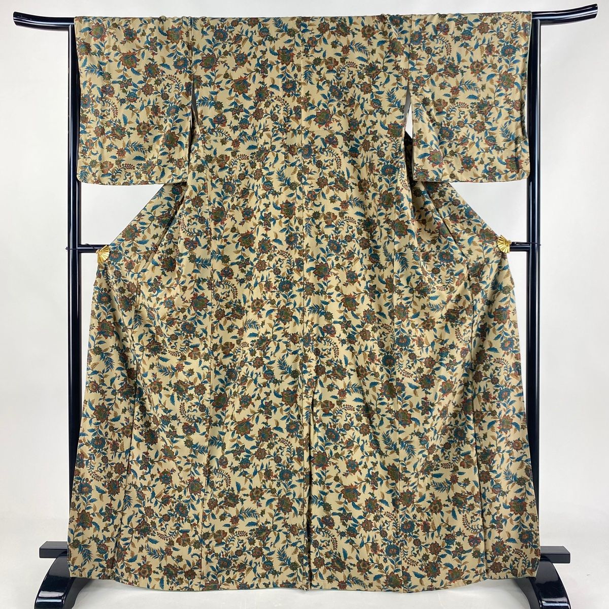 小紋 身丈166cm 裄丈65.5cm M 袷 花唐草 薄茶色 正絹 秀品