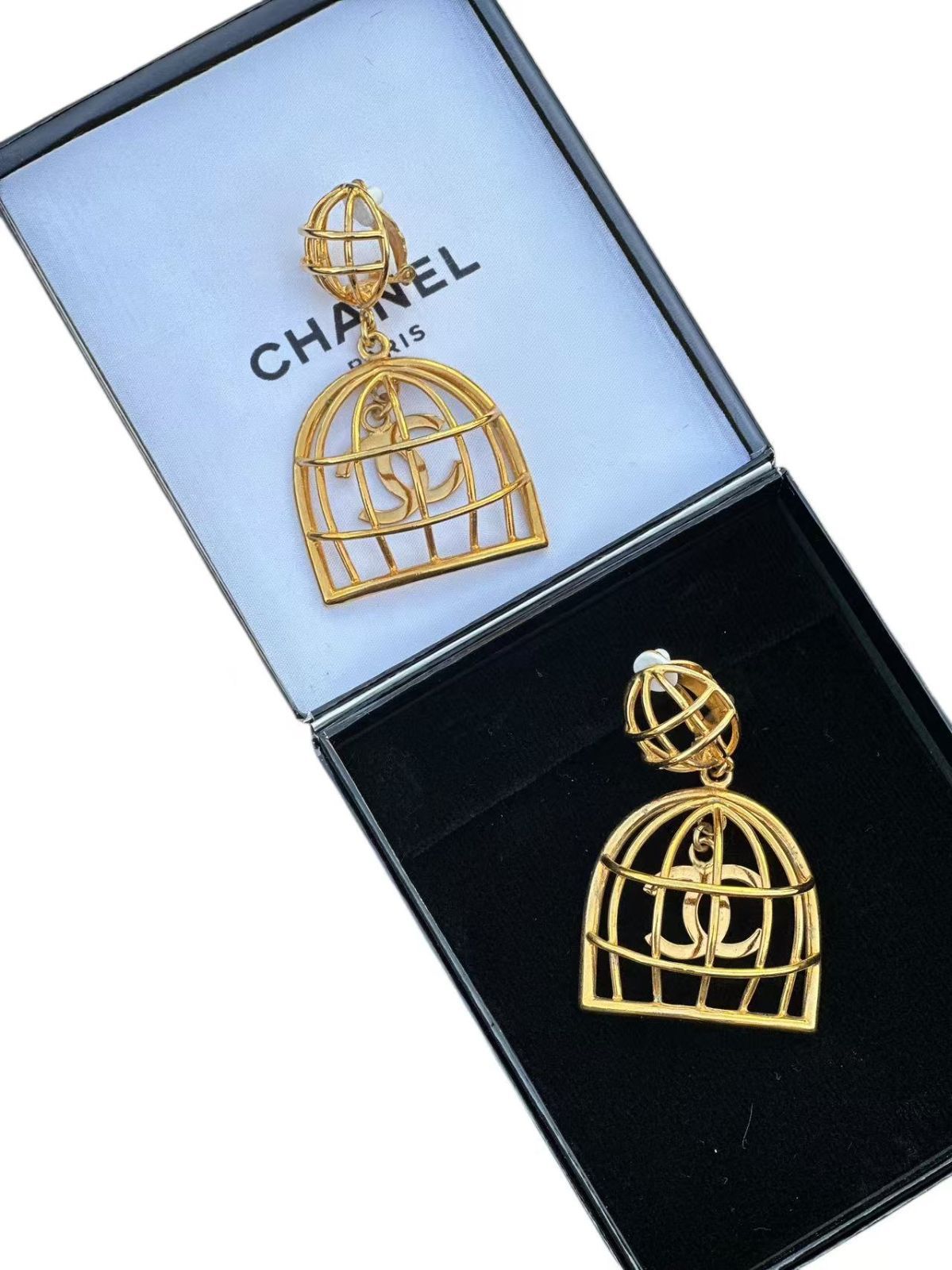 ◆シャネルCHANELヴィンテージVintageCOCOマークぶら下がり鳥籠カゴイヤリングピアス耳飾りゴールド
