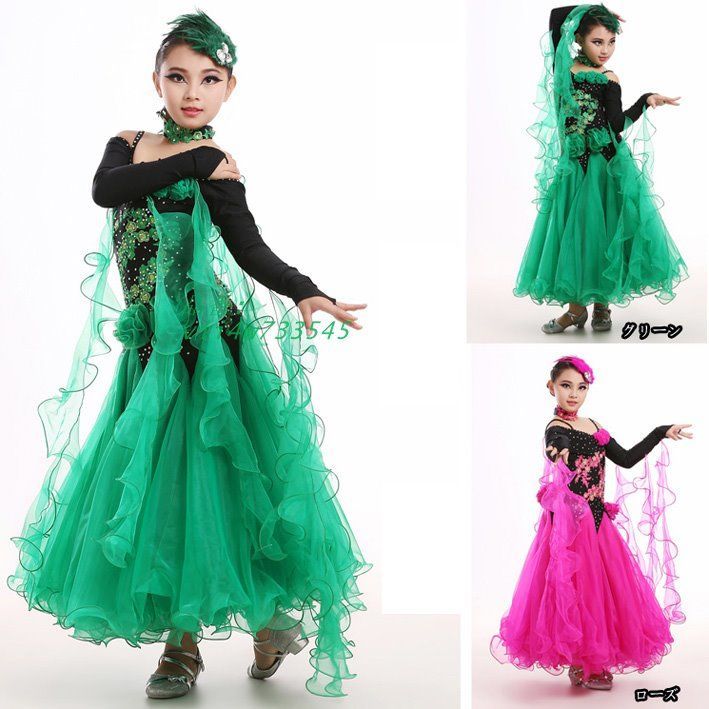 社交ダンスドレス ワンピース キッズ用 ドレス ジュニア用 社交ダンスワンピース M-2XL 競技着 演出服 グリーン ローズ セット vii4w733545