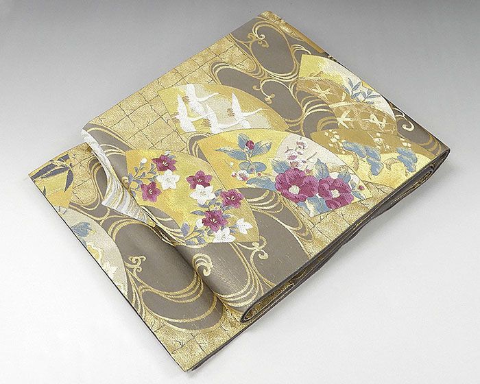 袋帯 正絹 じゅらく帝王紫 扇面舞鶴花模様 袋帯 良品 リサイクル 袋帯 正絹 じゅらく帝王紫 扇面舞鶴花模様 袋帯 良品 リサイクル