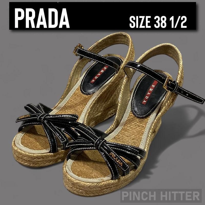 PRADA プラダ スポーツ ウェッジ サンダル 麻 エナメル 38 1/2 24cm 