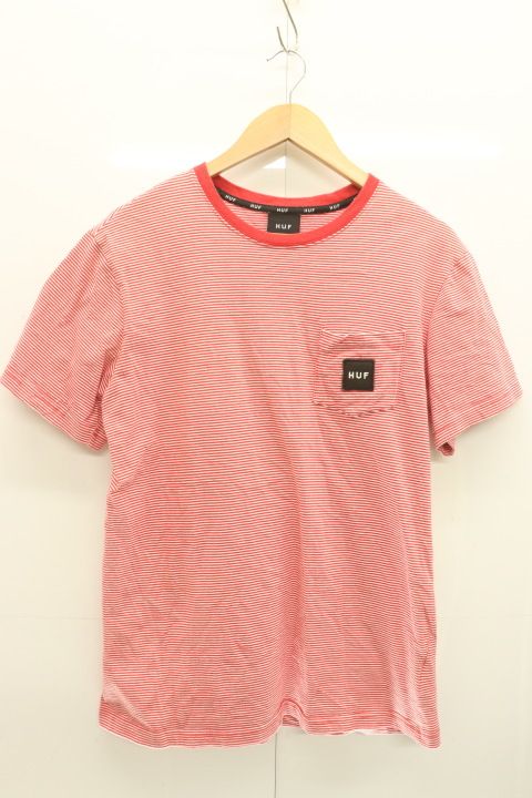 【中古】 HUF メンズTシャツ M STRIPE POCKET TEE HUF M 白 ホワイト 赤 レッド ボーダー