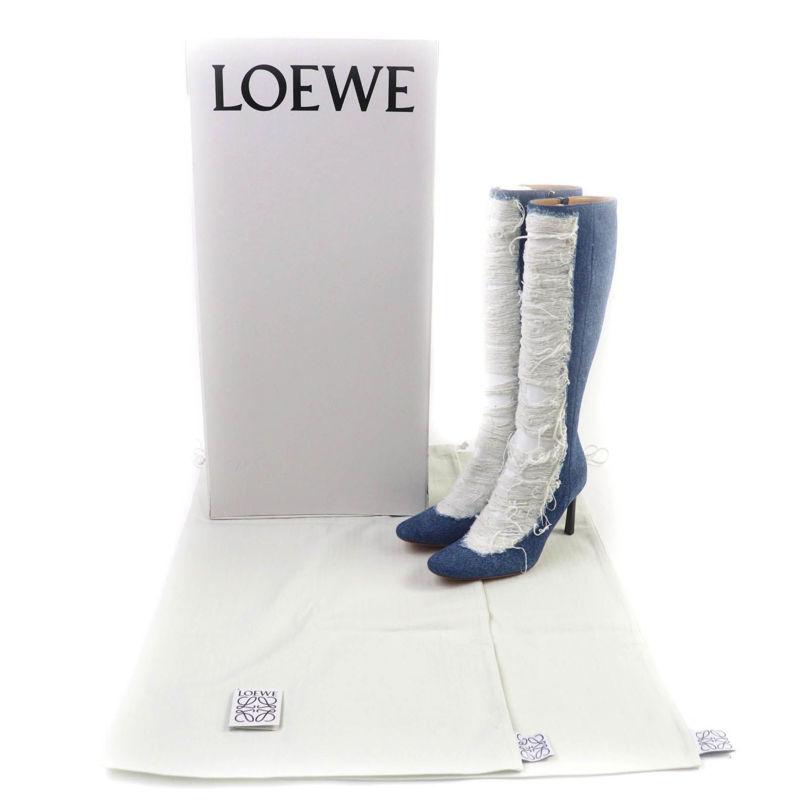 LOEWE ロエベ デストロイ リップドデニム ダメージ加工 ロングブーツ インディゴ 36 保存袋付き イタリア製 レディース