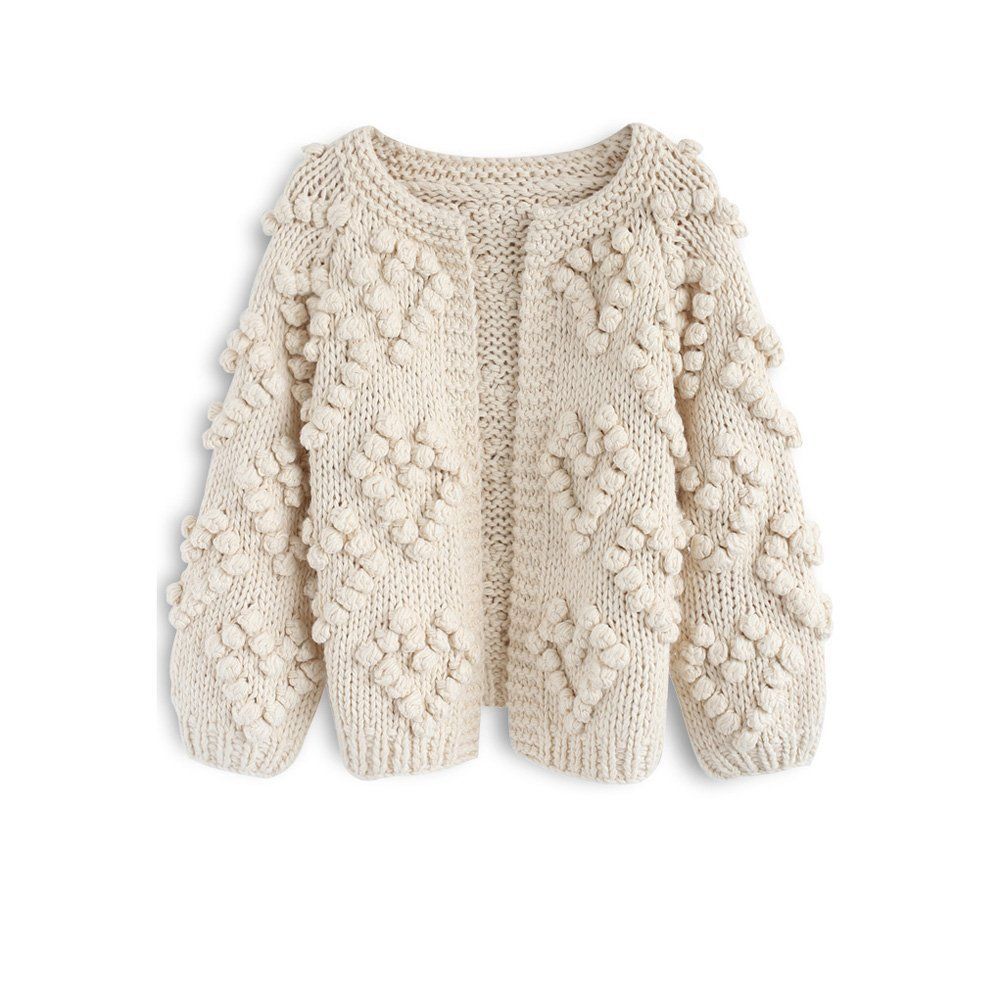 Size S-M_Color クリーム Chicwish ハート付き ポンポン ニット カーディガン アイボリー