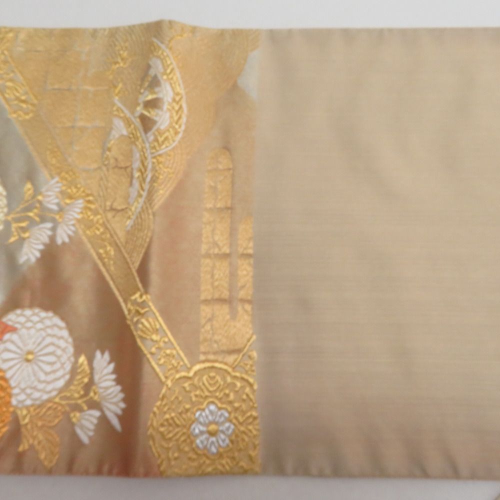 西陣織 袋帯 未仕立て 金色x緑色 金糸銀糸 菊に波模様など 六通柄