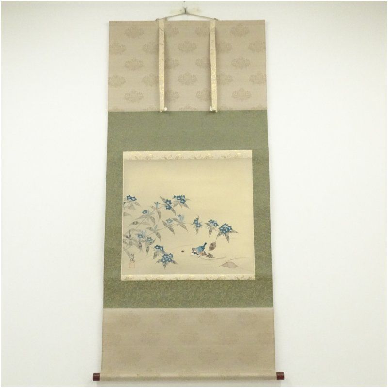 小川朝陽筆 新冬 花鳥図 肉筆絹本掛軸（共箱） 掛け軸 床の間 書 おしゃれ 絵画 表具 芸術 茶道 年中掛け インテリア 茶掛 掛物 和室