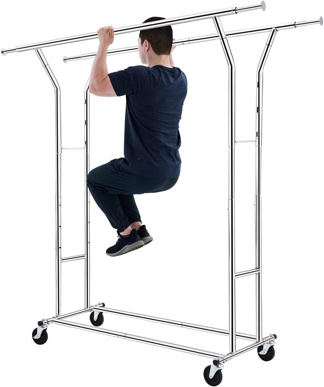 HOKEEPER ハンガーラック パイプハンガーラック 耐荷重200KG 業務用 3ウェイ ダブル 大容量 収納ラック 物干し スタンド 洋服ハンガー 衣類収納 コート ロール付き 高さ・縦横伸縮タイプ シルバ