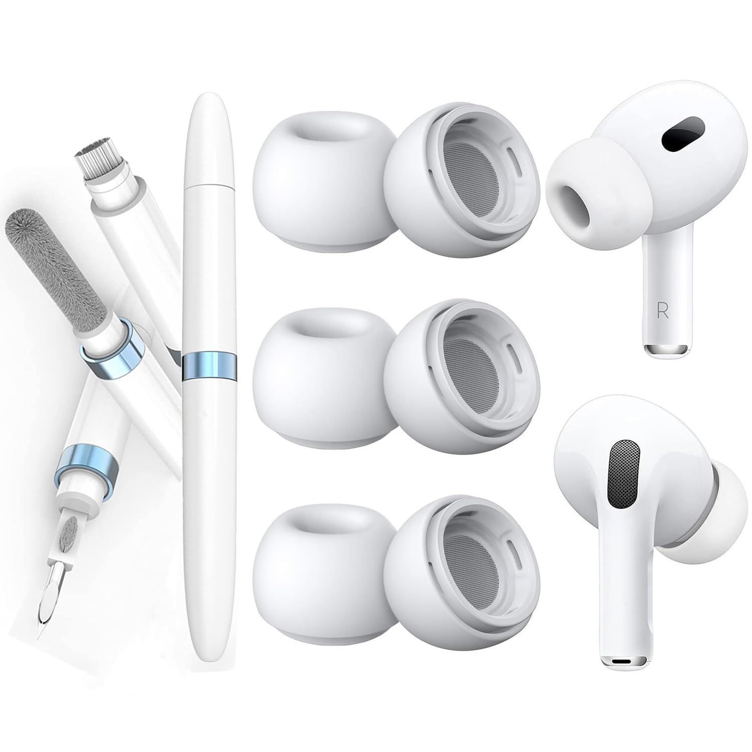 イヤーピース AirPods Pro 第1/2世代対応 イヤーピース シリコンイヤーチップ 遮音性 滑り止め 柔らかい 耳垢ガード フィット感  脱落防止 3 in 1イヤホン掃除道具付き 多機能airpods掃除道具 (ホワイト S)