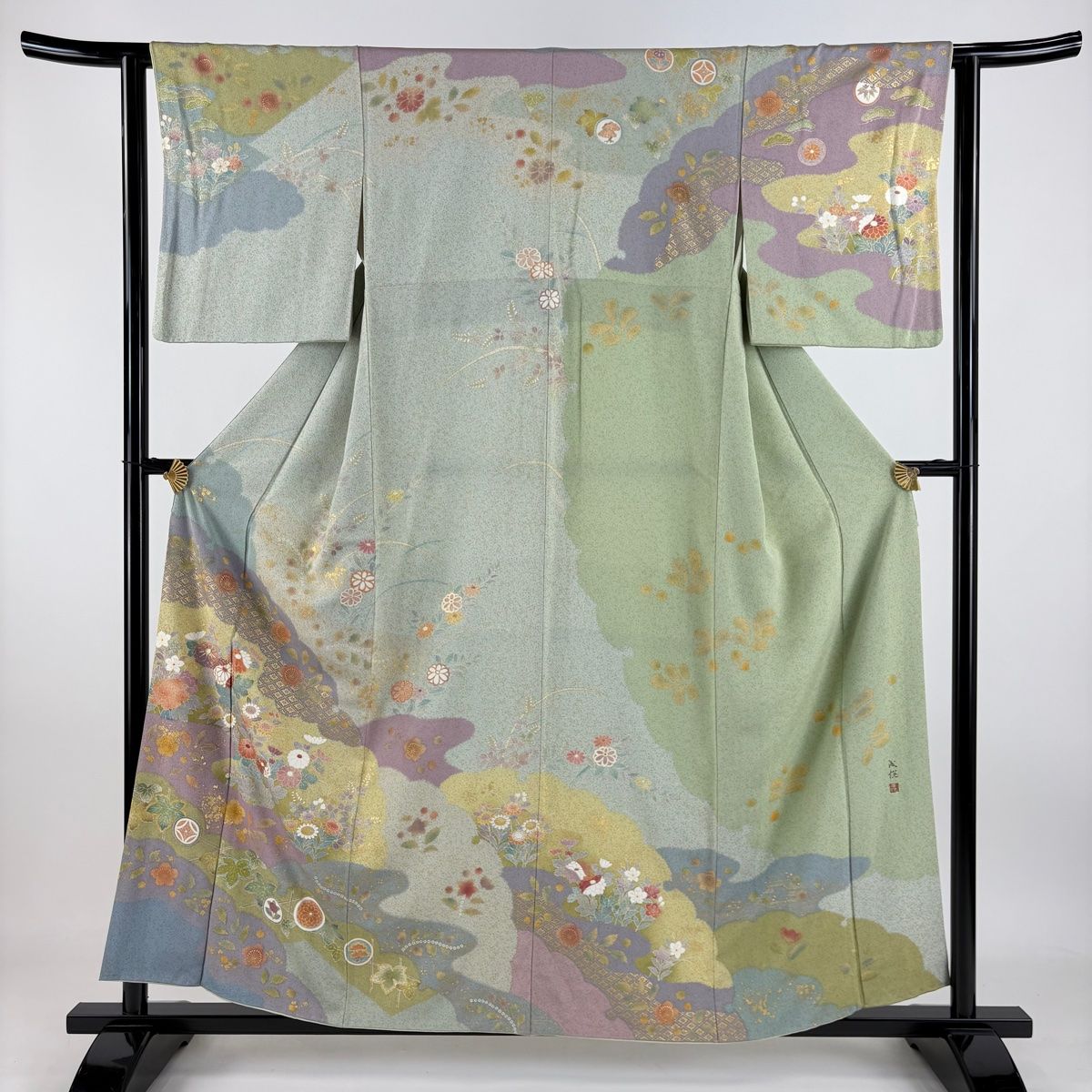 訪問着 身丈158cm 裄丈62cm S 袷 落款 菊 霞 金糸 金彩 薄緑 正絹 名品