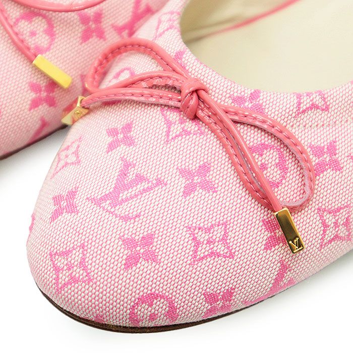 LOUIS VUITTON ルイ ヴィトン フラットパンプス モノグラム LV ロゴ エナメルリボン コットンキャンバス レザーソール バレリーナ シューズ レディース サイズ 37 1 2 ピンク 桃色 イタリア製
