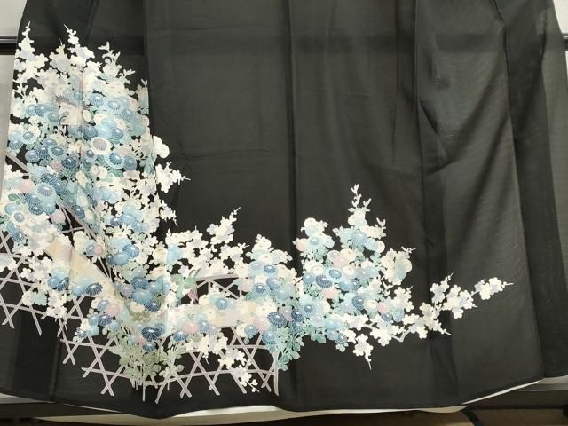 D80 夏着物　黒留袖　友禅　寛　落款　花模様　絽　正絹　極美品 平和屋着物＊夏物 黒留袖 絽 友禅 花鳥籬文 正絹 逸品