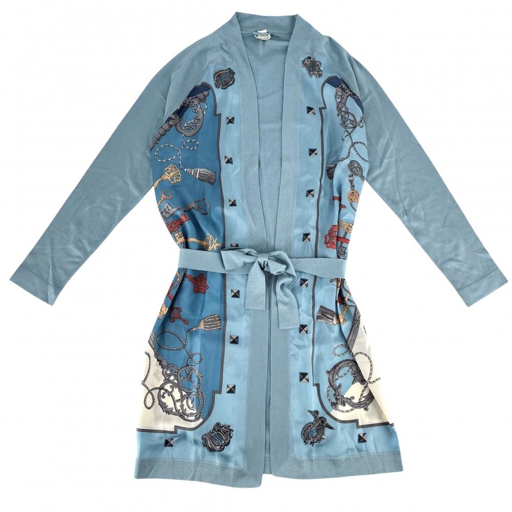 エルメス カーディガン レディース ツイルレーヌ LES CLES 鍵 ロングカーディガン ニット切り替え アパレル 服 HERMES 38 ブルー 青 シルク カシミヤ 春 秋 品