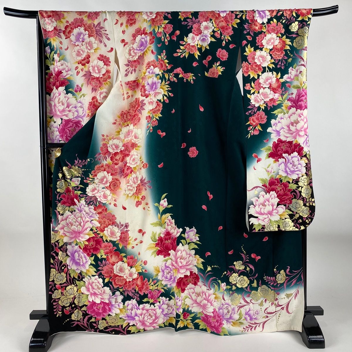 振袖 身丈167cm 裄丈69cm L 袷 牡丹 薔薇 箔 金糸 深緑 正絹 名品