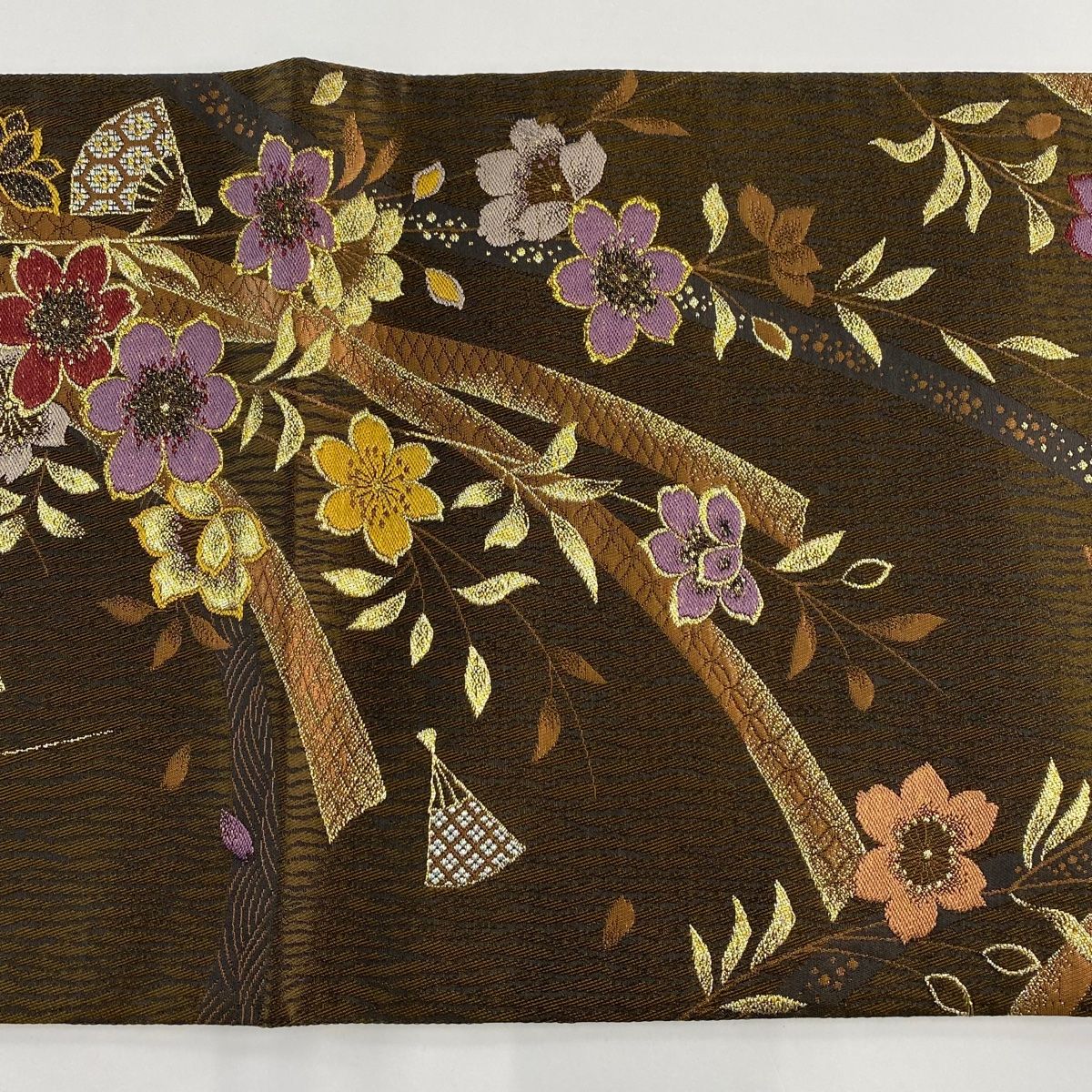 袋帯 美品 秀品 草花 扇 金糸 刺繍 焦茶色 六通 正絹 【中古