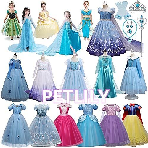 Q_110 [PETLILY] 子供用 プリンセス ドレス コスプレ キッズコスチューム エルサ アナ オーロラ姫 白雪姫 ベル シンデレラ風 お姫様 ワンピース ロングドレス 女の子 ハロウィン クリスマス 仮装 
