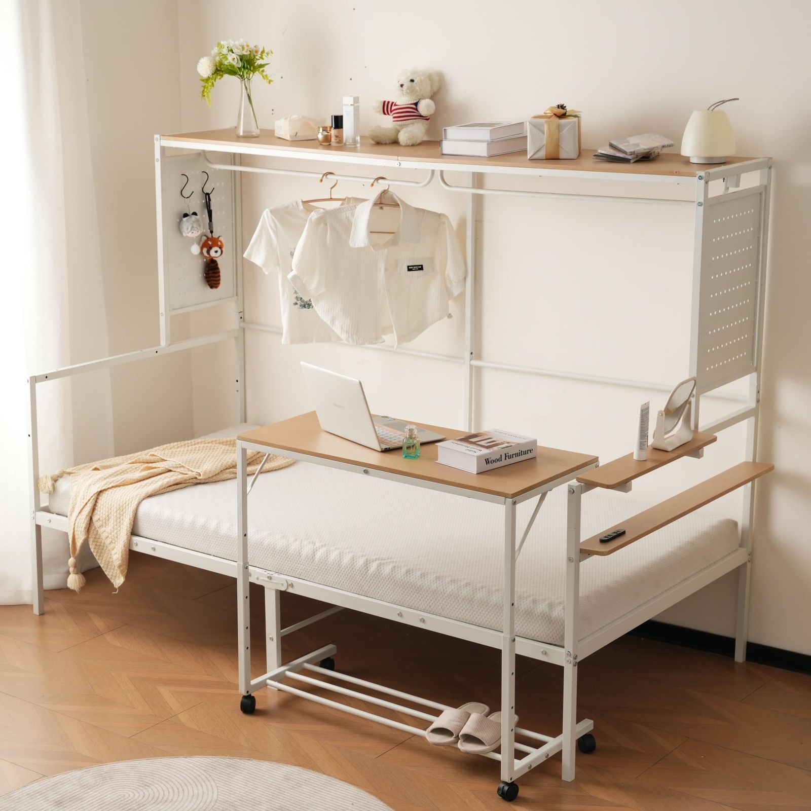 【限定セール，新品】 人気商品北欧風 移動型デスク付き 木目 スチールネット付き 子供ベッド シングル 大人ベッド ロフトベッド 一人暮らし システムベット スチール OSJ 耐震 【ホワイト】 頑丈 その他