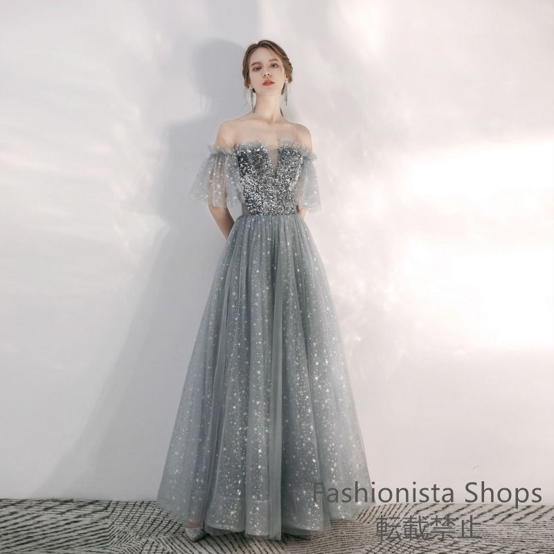 ドレス ロングドレス 演奏会 Aラインドレス 発表会 オフショルダー ワンショルダー イブニングドレス エレガントシルバーグレー ワンショルダーロングドレス 司会者向け ロングイブニングドレス cp19