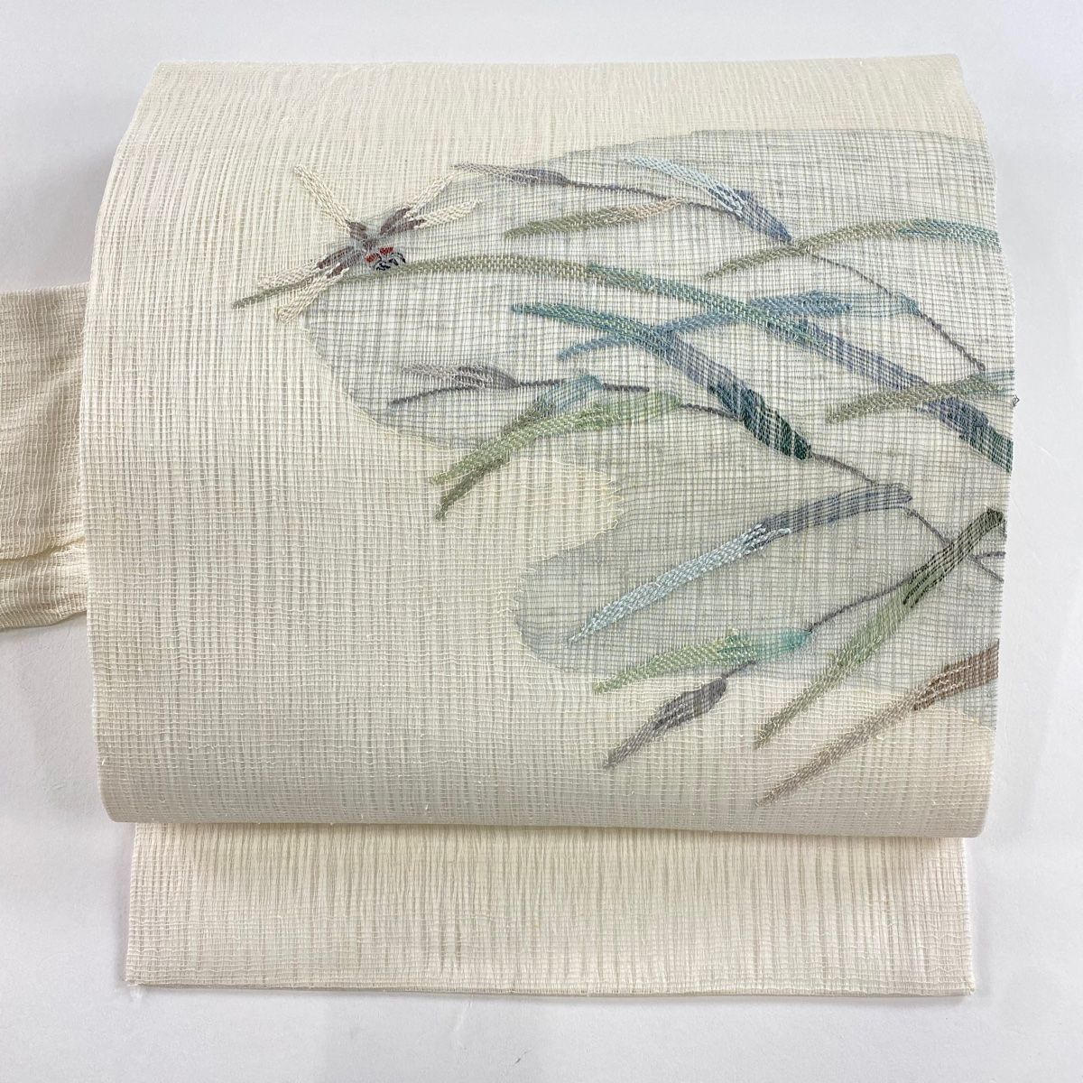 大人気新品をすべて 名古屋帯 秀品 夏帯 トンボ 草花 銀糸 クリーム 正絹 【中古 着物・浴衣