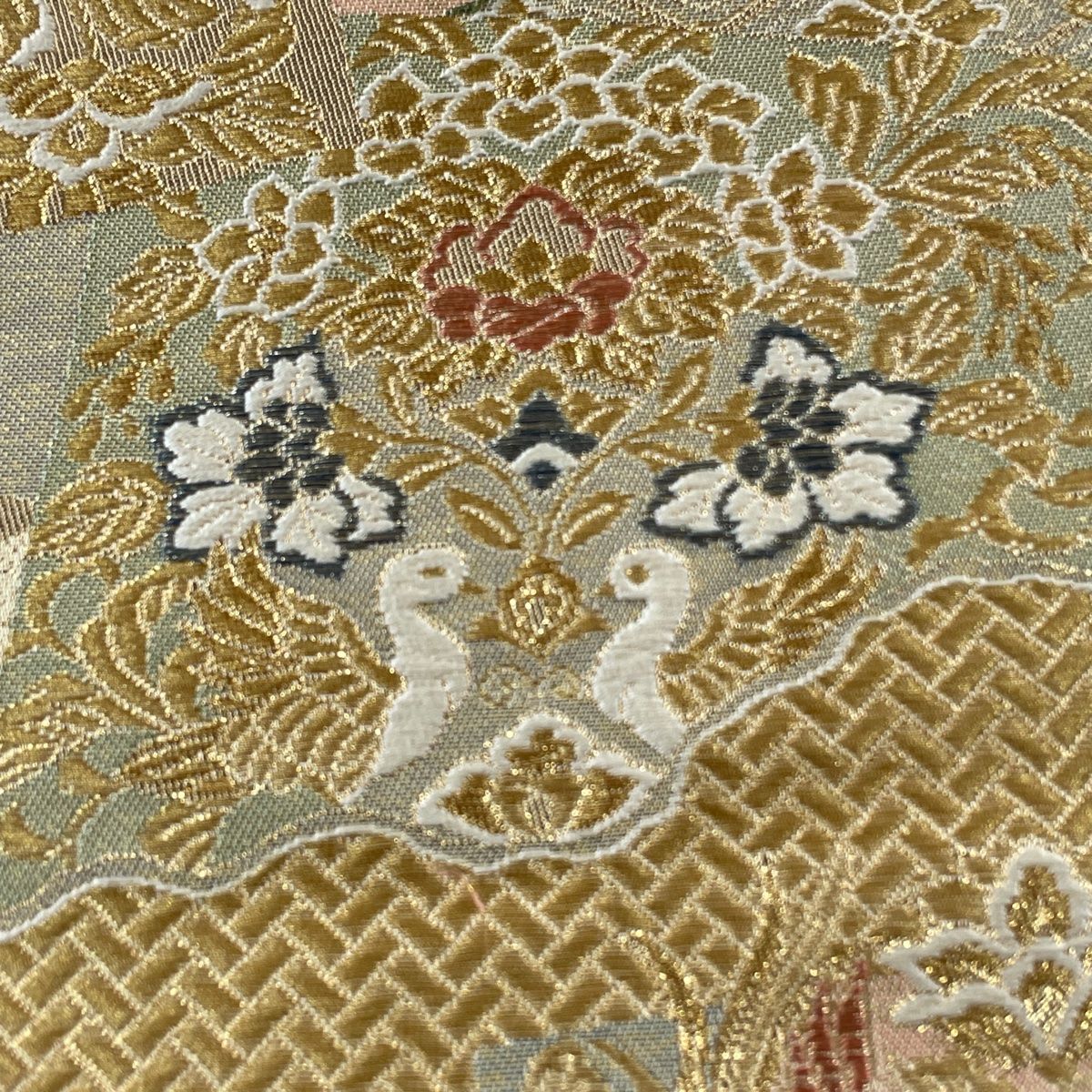 袋帯 秀品 関西仕立て 色紙 花鳥 金糸 箔 金色 六通 正絹 【中古