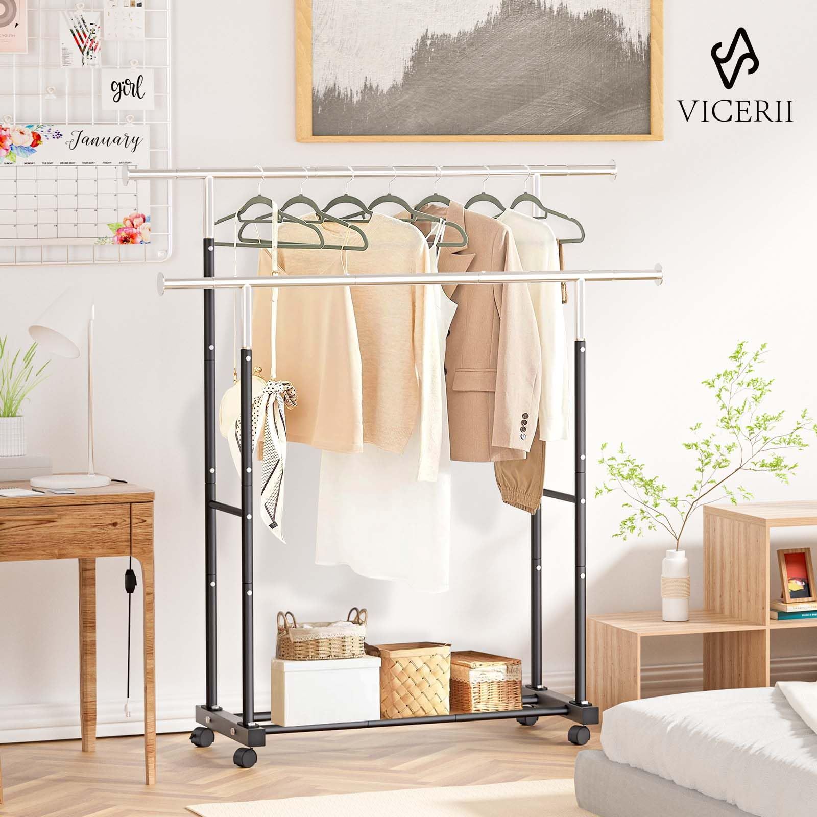 VICERII ハンガーラック おしゃれ シングルハンガーラック 室内物干し 頑丈 洋服収納 ポールハンガー スチールラック 洋服掛け キャスター付き 組立簡単 幅141×奥行43.5×高さ160CM 耐荷重45㎏ ブラック ダブル