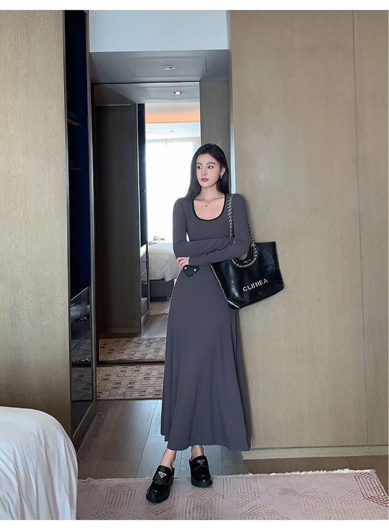 春のお出かけニットロングワンピースコントラスト Uネック長袖