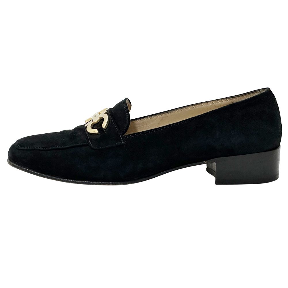 フェラガモ Ferragamo 革靴 レディース ブランド ダブルガンチーニ ローファー スエード ブラック ゴールド金具 サイズ6 23.5cm相当