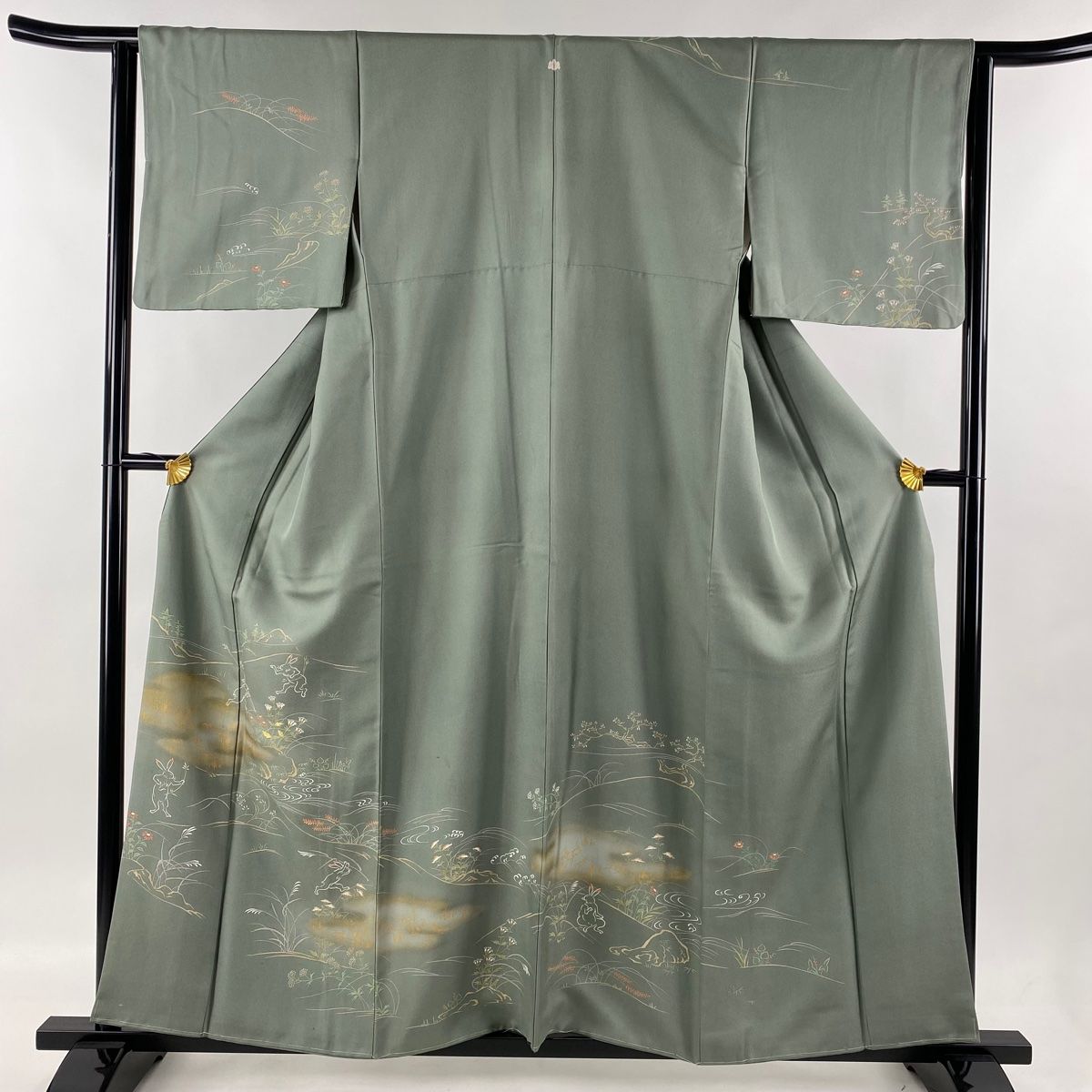 訪問着 身丈158.5cm 裄丈62cm S 袷 鳥獣戯画 草花 金彩 刺繍 鶯色 正絹 名品 一つ紋