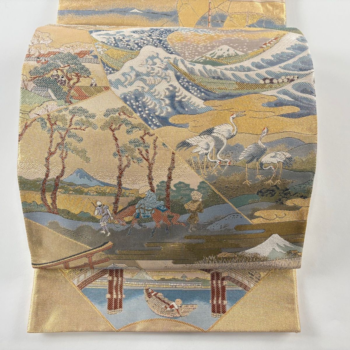 人気商品 秀品 美品 袋帯 本金 正絹 お太鼓柄 金色 箔 富嶽三十六景 着物・浴衣