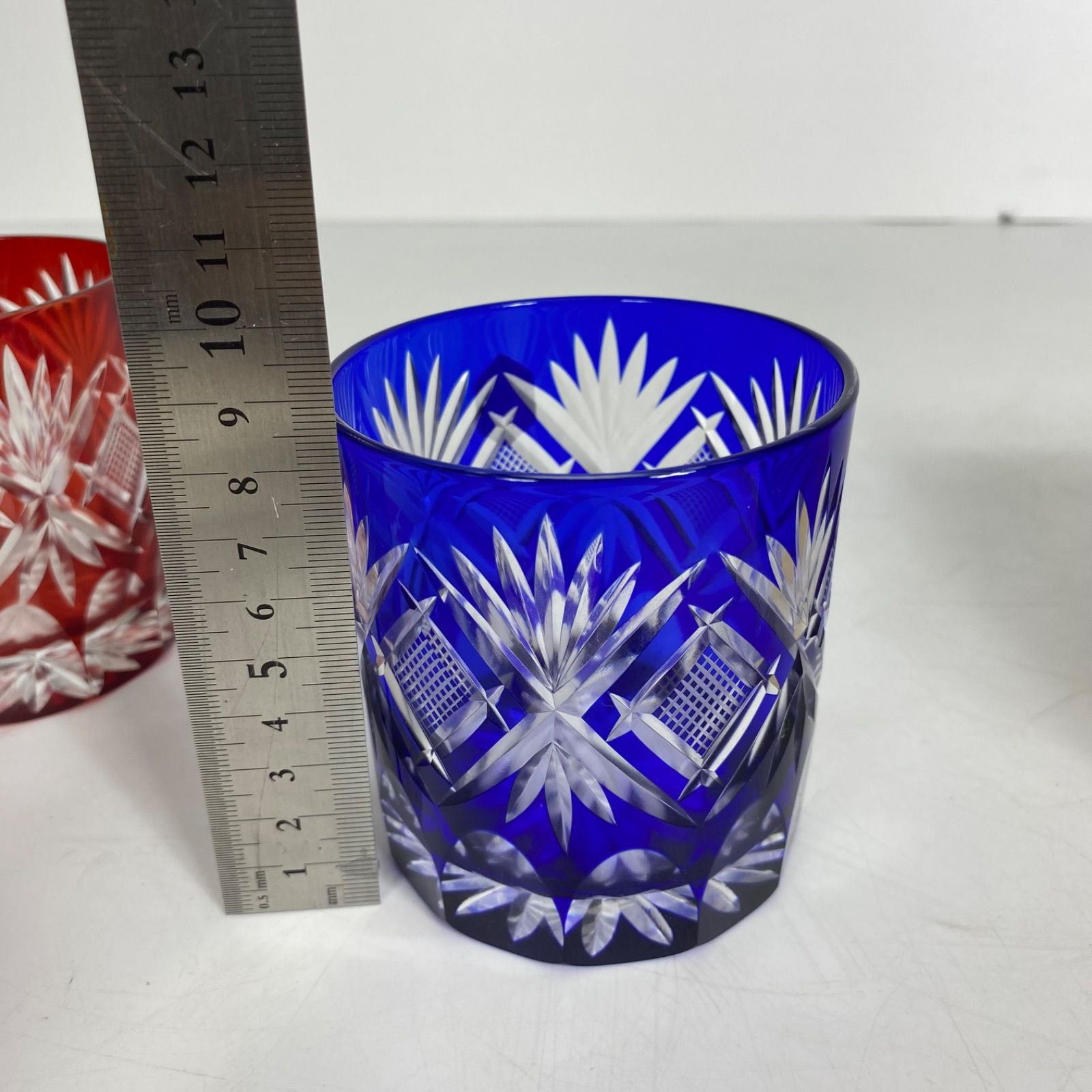 未使用 伝統工芸 正規 江戸切子 彩鳳 ペア ロックグラス 赤＆青 化粧箱