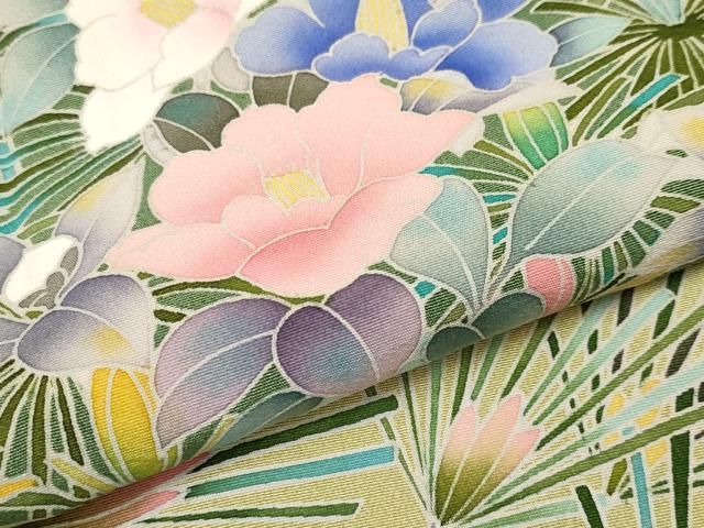 平和屋着物□極上 京加賀友禅 松本健一 訪問着 松 梅 椿 抹茶色地 逸品  