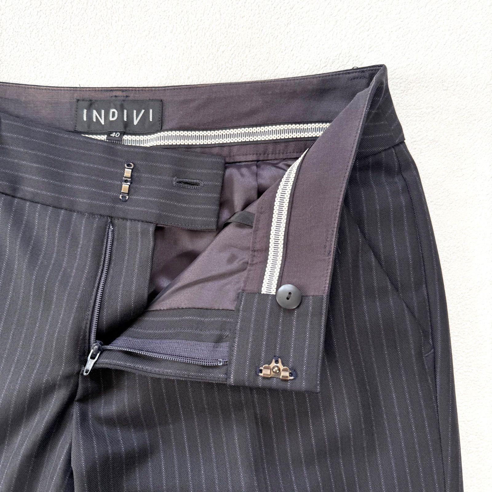 極美品・シルク・40✨インディヴィ ストライプ パンツ スーツ