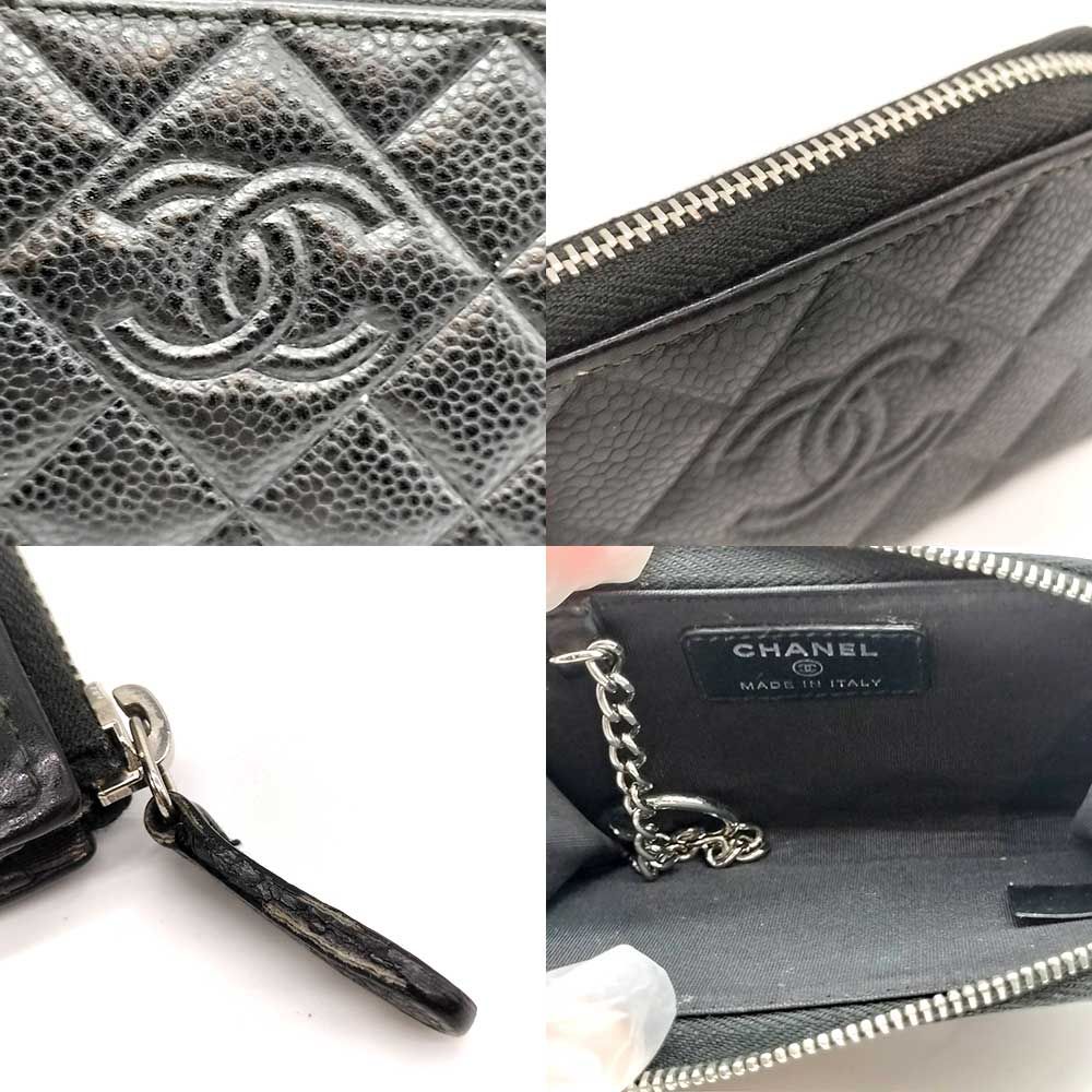 CHANEL キーリング付き　コインケース★レザー カメリア キーリング付きコインケース レザー 黒 シルバー金具