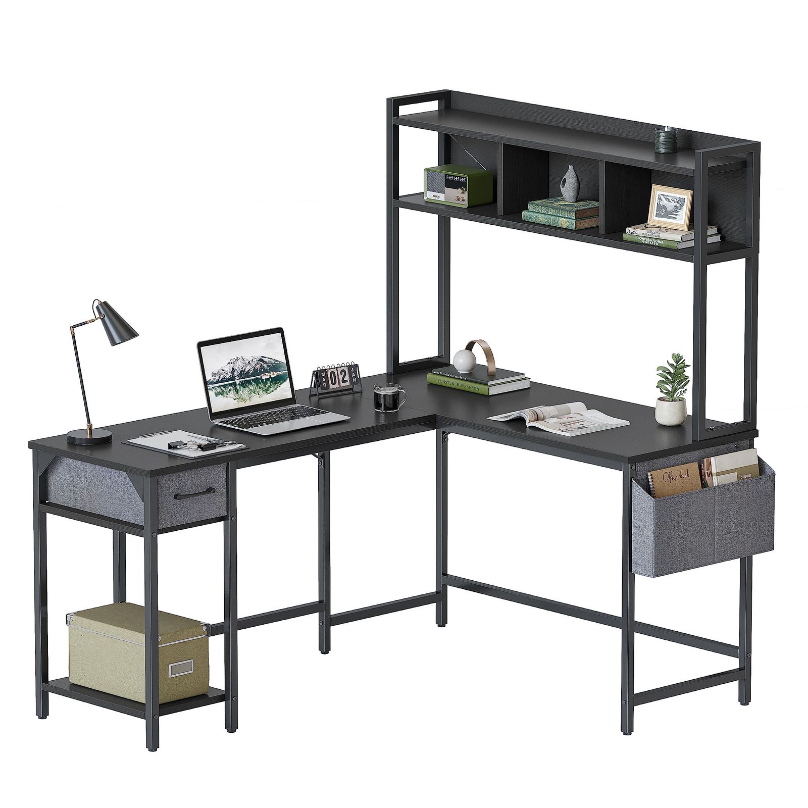 オフィスデスク 学習机 作業机 コーナーデスク 勉強机 ワークデスク 机 在宅勤務 ゲーミングデスク テレワーク 収納シェルフ ラック付きデスク 幅150cm パソコンデスク 奥行120cm L字デスク ブラック Cubiker