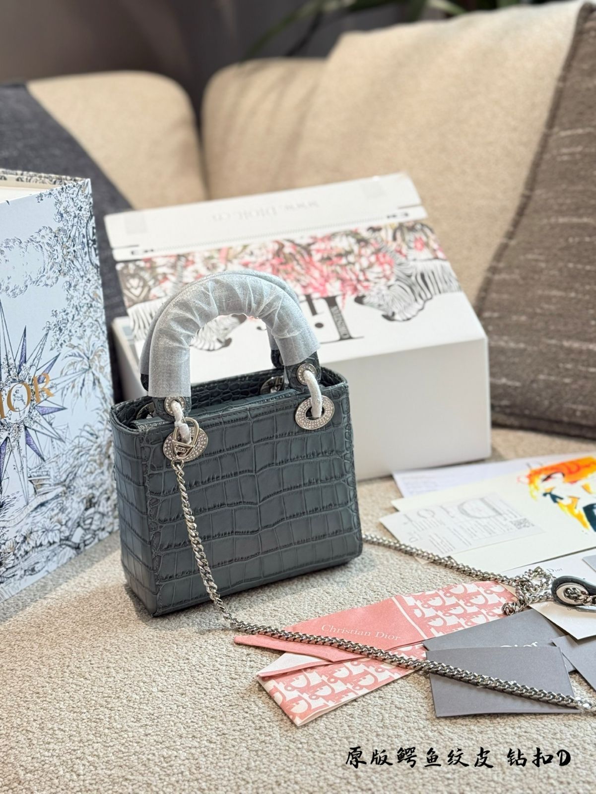 今日特価】DIOR Lady Dior Crocodile Embossed Leather Bag