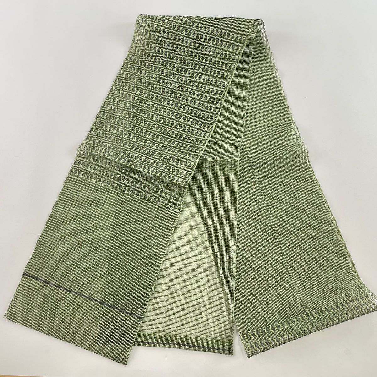 【最終価格　値下げ　美品】夏帯 名古屋帯 正絹 羅 青 幾何学模様 洒落帯 帯2496 ○高級 正絹 駒刺繍 夏帯 名古屋仕立て 名古屋帯 - メルカリ