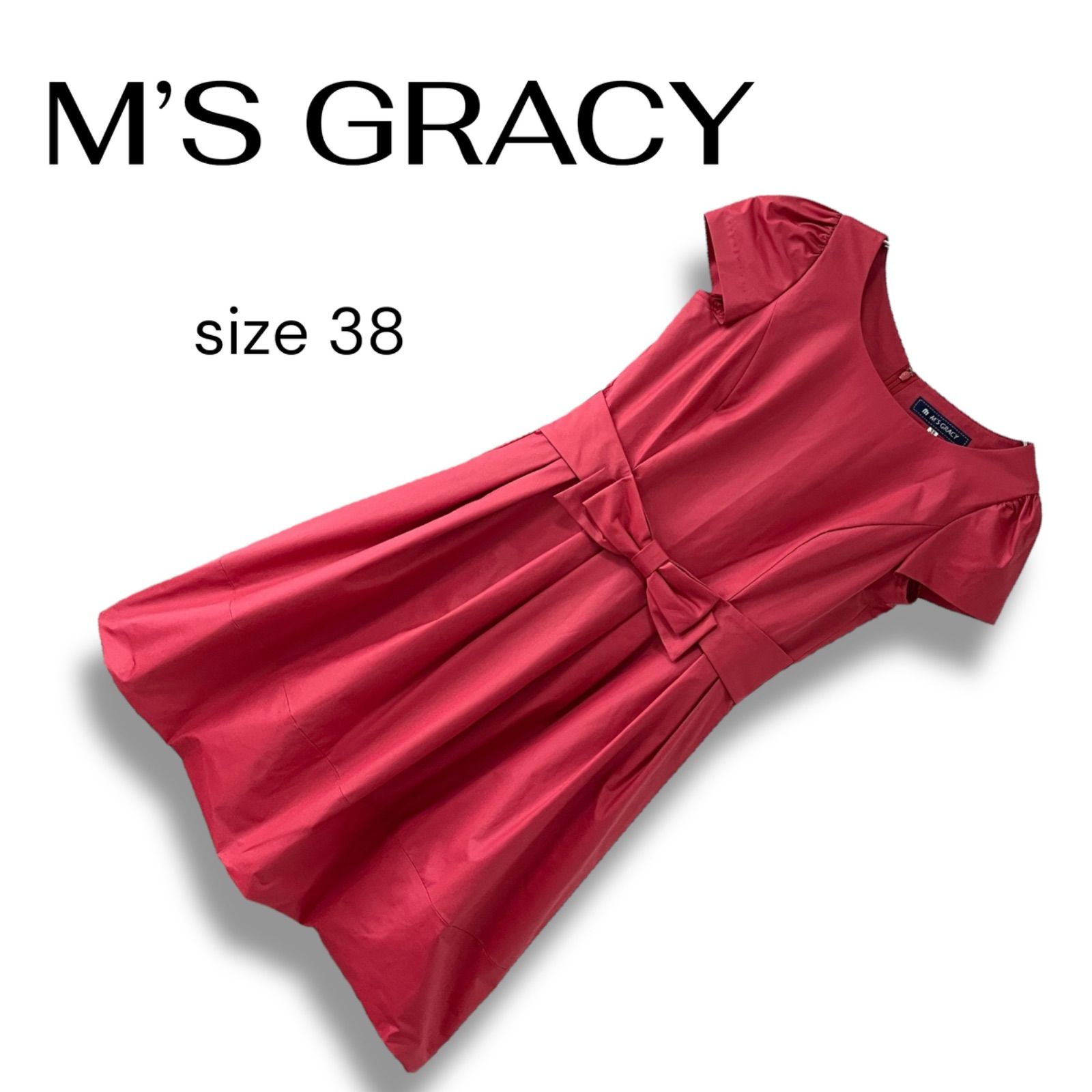 M S GRACY エムズグレイシー レッド 半袖ワンピース リボンベルト付き ポリエステル 38 Mサイズ相当 レディース フ スカート エレガント 0000487OC