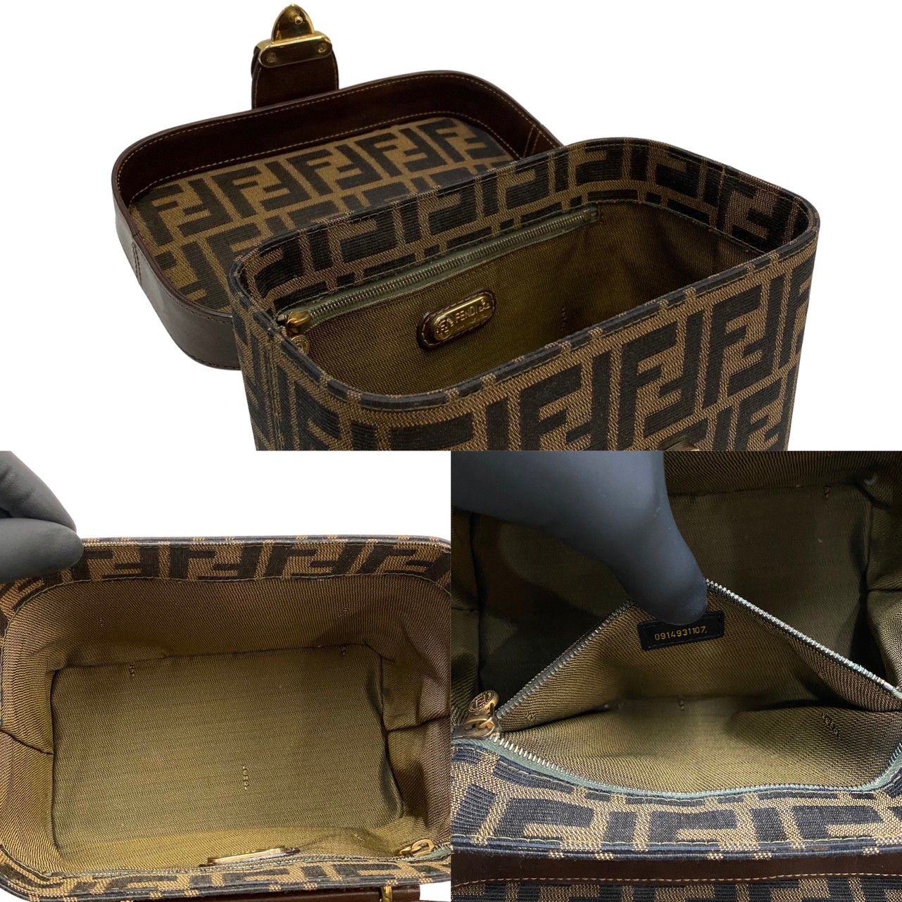 極 美品 FENDI フェンディ ズッカ柄 バニティバッグ キャンバス レザー