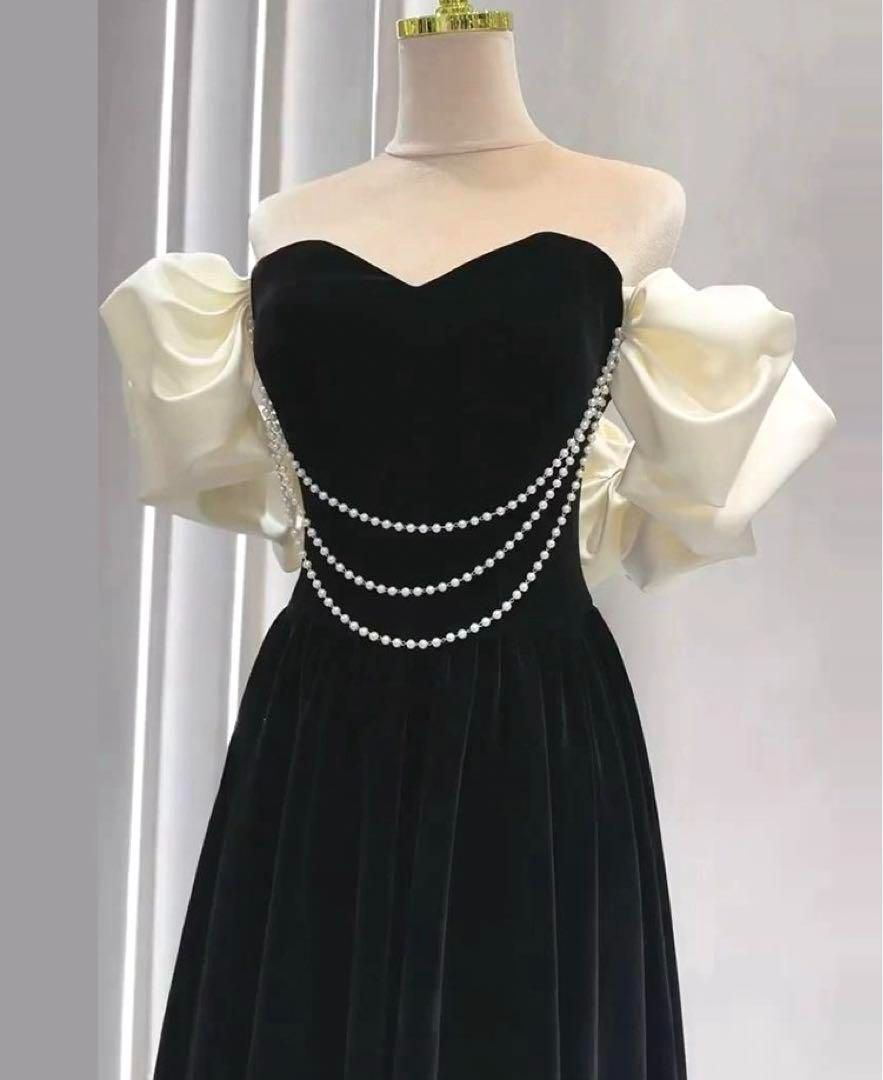 パールがオシャレで可愛い フリル オフショルイブニングドレス パールにフリルのオフショルがオシャレなイブニングドレス