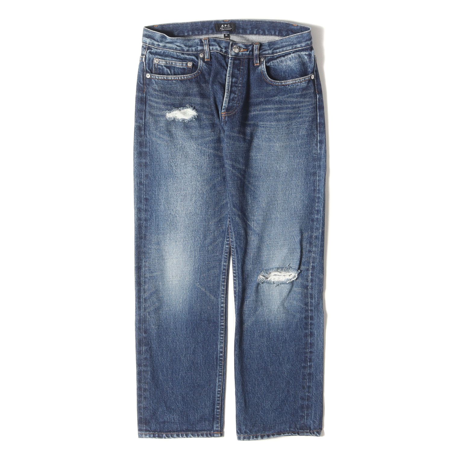 A.P.C. パンツ サイズ:30 Ron Herman ダメージ加工 ストレート ウォッシュド セルビッジ デニムパンツ (NEW STANDARD JEAN CLASSIQUE) インディゴ ボトムス ジーンズ ジーパン コラボ【メンズ】