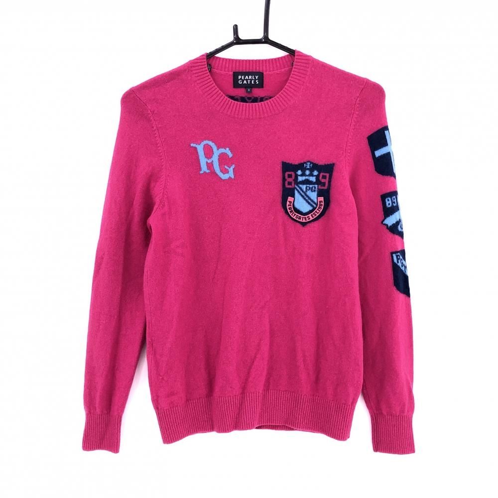 パーリーゲイツ カシミヤ100％ ニット サイズ0 ピンク ロゴ やわらか 刺繍 パーリーゲイツ セーター ピンク×ネイビー カシミヤ100％ ニット