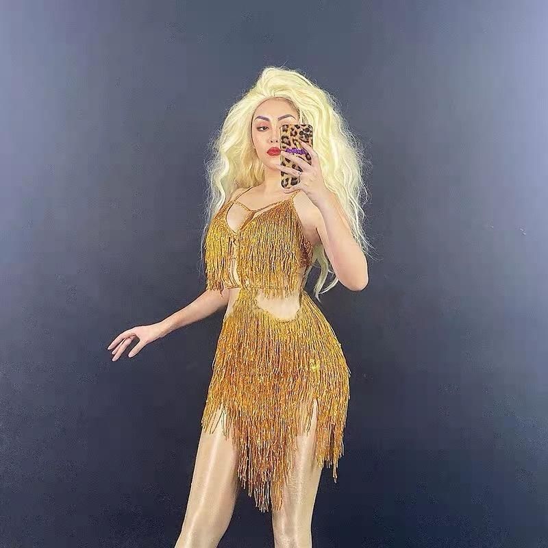 ♥ 社交ダンスドレス ベリーダンス衣装 ゴールド ラメ キラキラ フリンジ パーティードレス スパンコール クラブウェア ゴールド