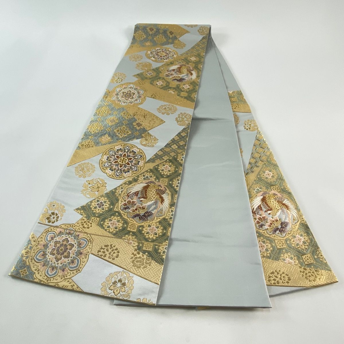 美品】 袋帯 秀品 関西仕立て 花鳥 華文 金糸 箔 灰色 六通 正絹 