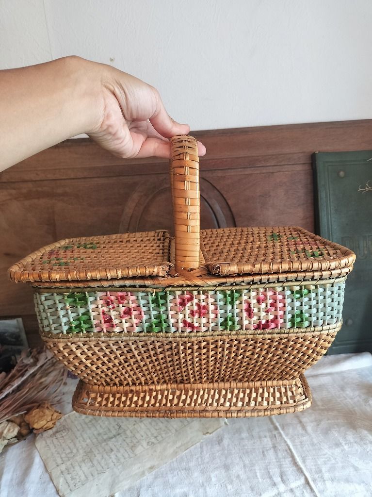 ローズパニエ大 バラペイント蓋付きバスケット フランスアンティーク